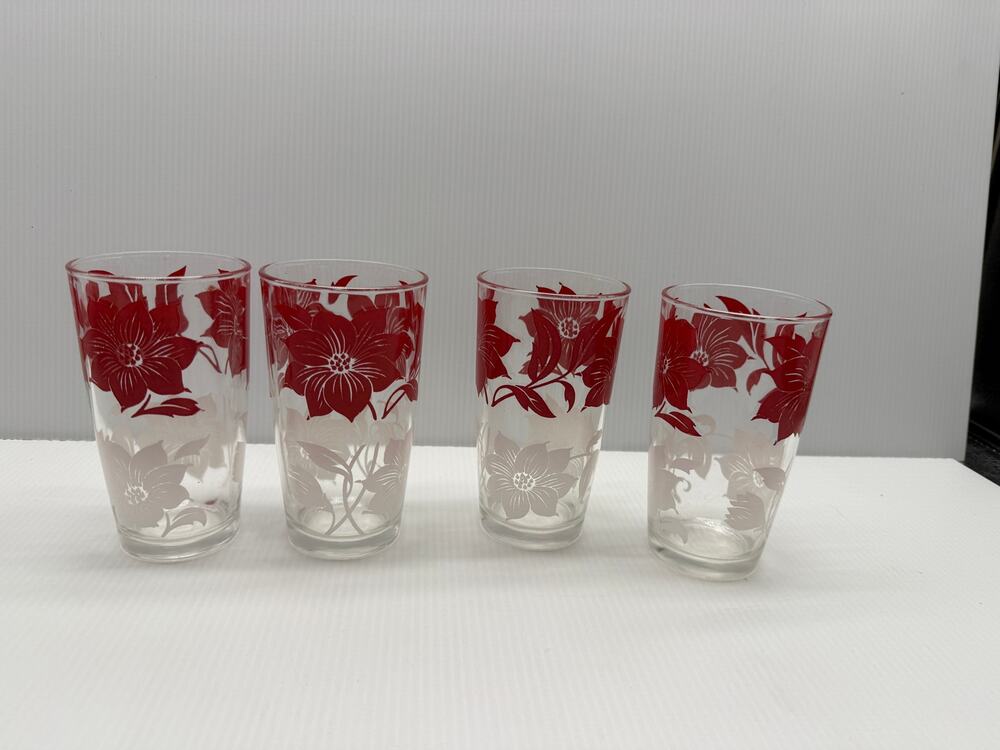 Vintage MCM Atlas Red and White Flowers Glass Cups Lot of 4